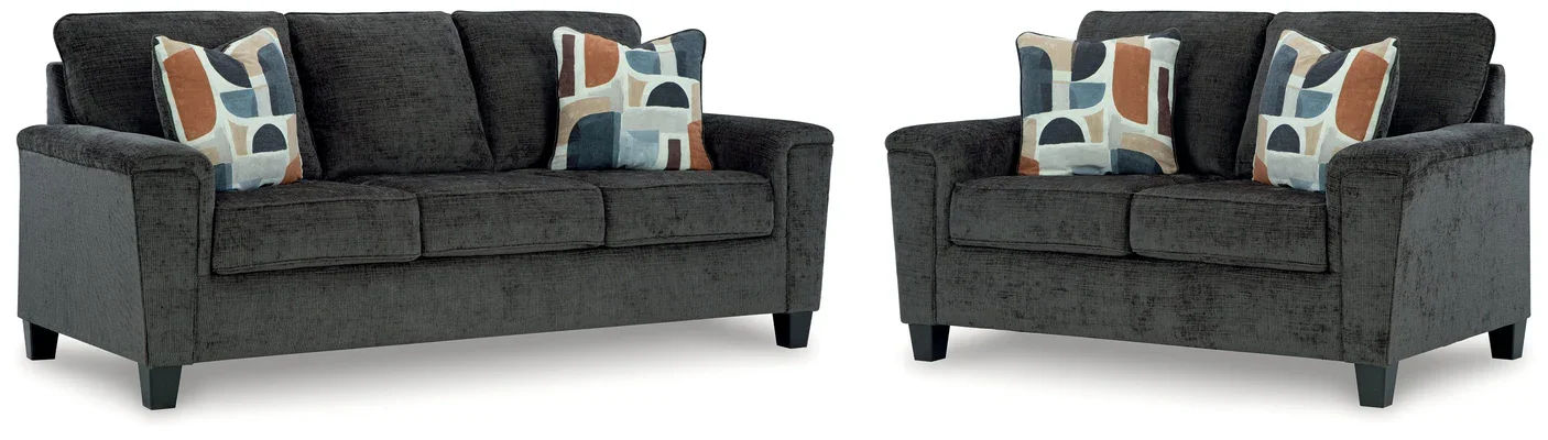 Everett sofa and loveseat collection on a white background featuring a contemporary sofa and matching loveseat.