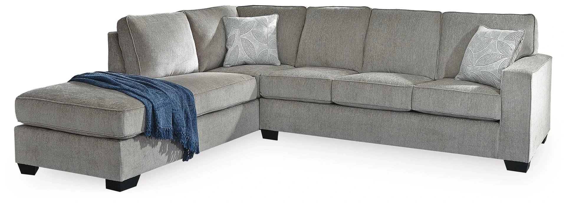 Contemporary sectional with chaise featuring soft chenille-feel upholstery, track arms, plush seating, and coordinating accent pillows.