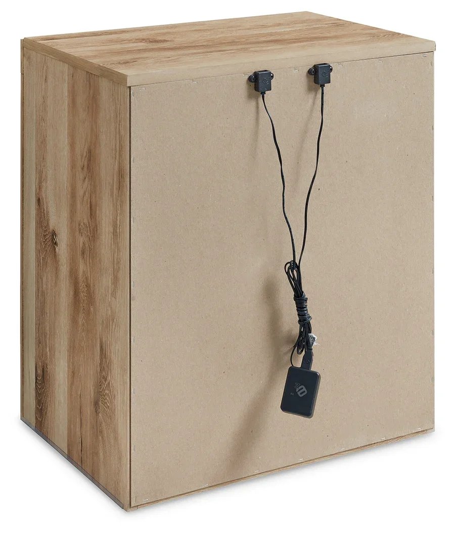 Two-drawer nightstand with a golden rustic finish, faux linen-lined drawers, antiqued gunmetal hardware, and built-in USB charging ports.