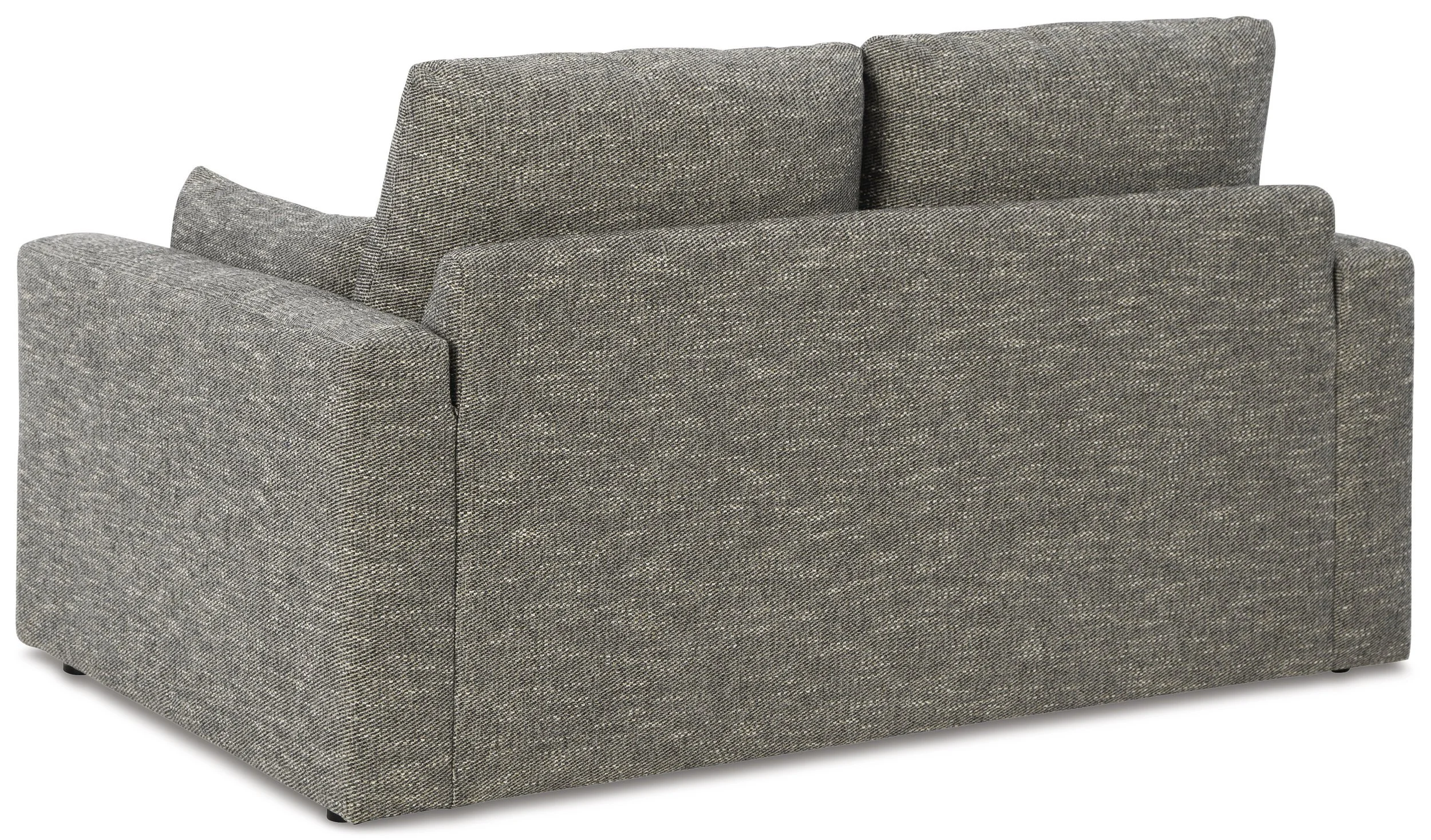 Matching loveseat with plush feather-fiber blend cushions, granite-colored upholstery, reversible cushions, and bolster pillows.