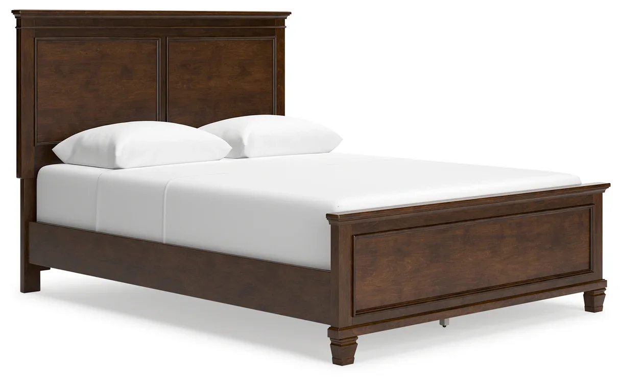 Traditional cherry panel bed with a rich brownish cherry finish, clean lines, and tapered feet.