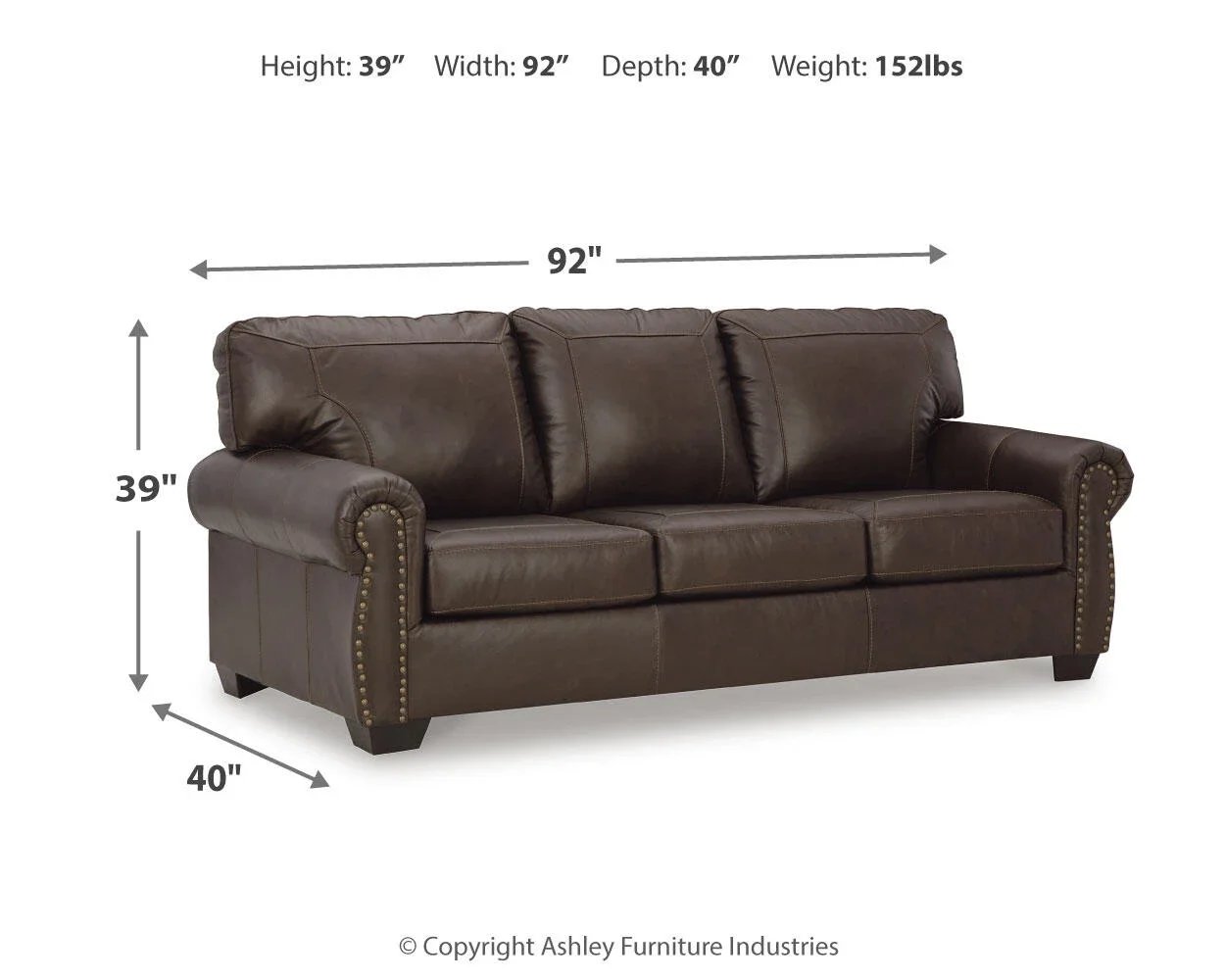 Charleston sofa dimensions showing overall width, depth, and height measurements.