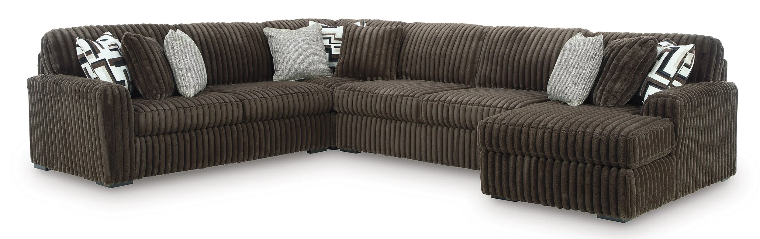 Oversized contemporary 4-piece sectional with jumbo corduroy upholstery, reversible cushions, corner chaise, and plush seating.