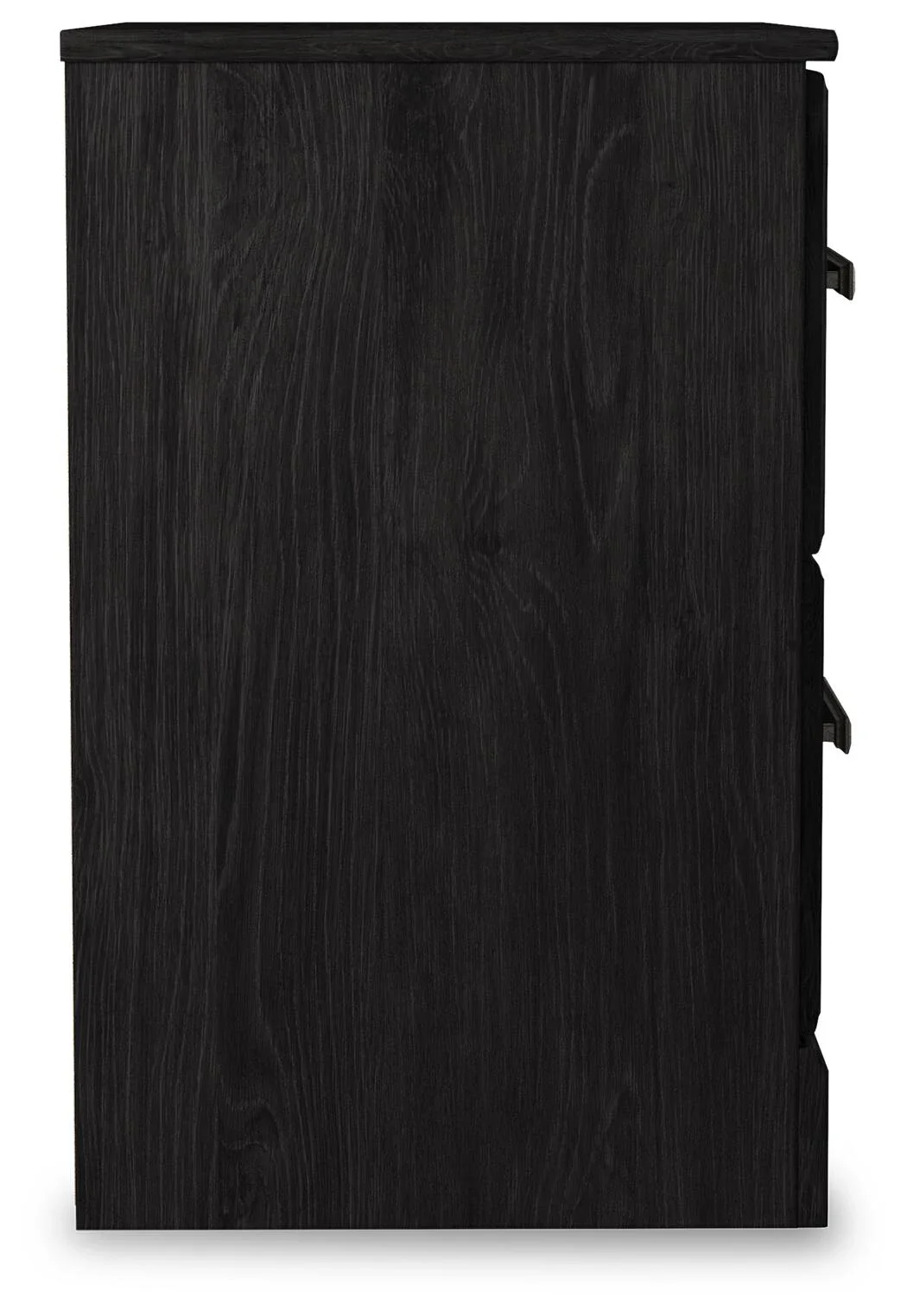 Two-drawer charcoal nightstand with a replicated oak grain finish, smooth-gliding drawers, and antiqued pewter-tone hardware.