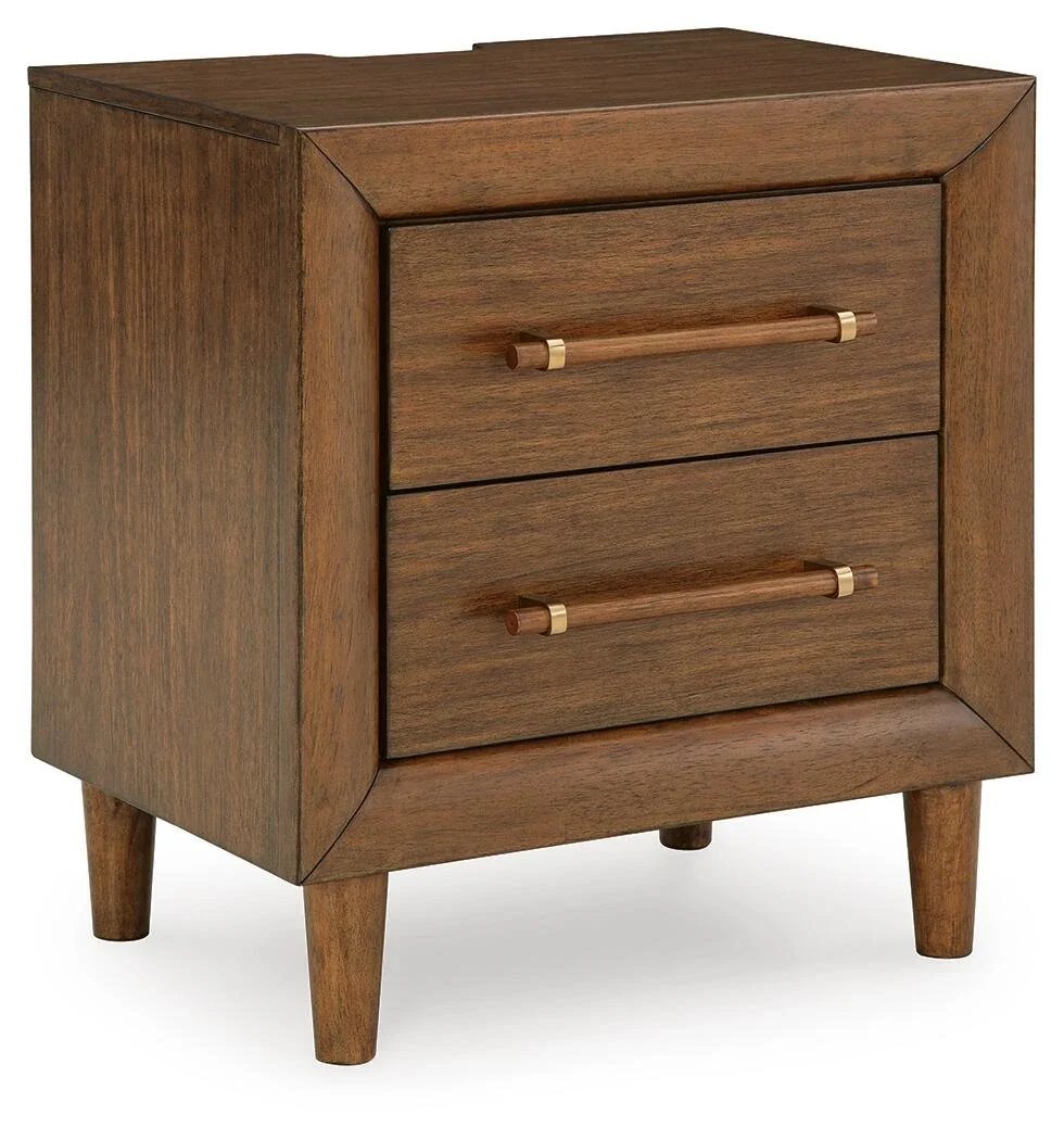 Two-drawer nightstand with a medium brown wood finish, built-in power outlet, USB-A and USB-C charging ports, and tapered legs.