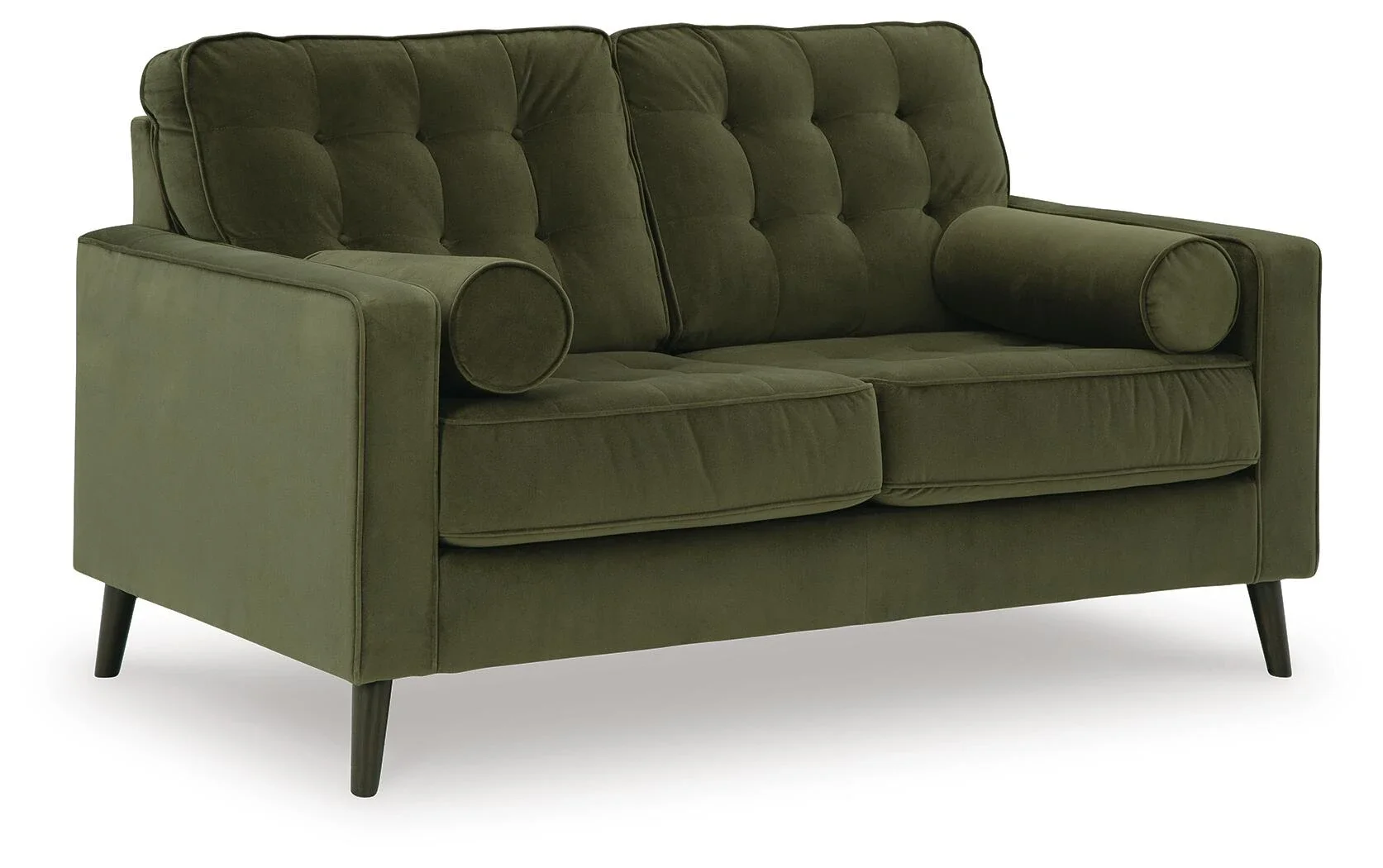 Matching velvet loveseat with button-tufted back cushions, tapered splay legs, plush seating, and coordinating bolster pillows.