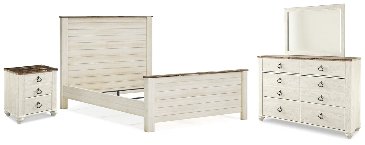 Westfield 4-piece bedroom set with a whitewash panel bed, dresser with mirror, and nightstand on a white background.