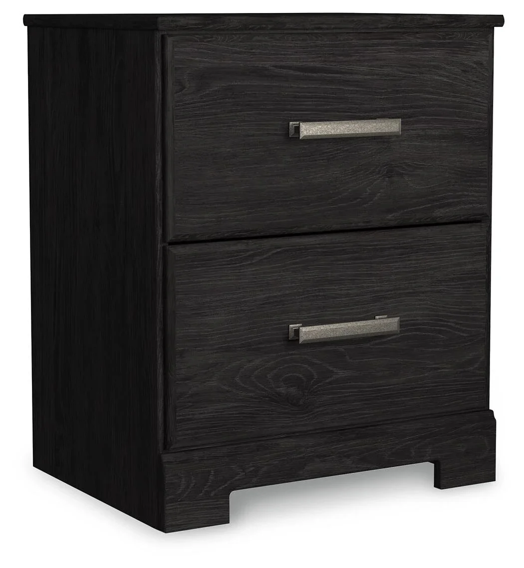 Two-drawer charcoal nightstand with a replicated oak grain finish, smooth-gliding drawers, and antiqued pewter-tone hardware.