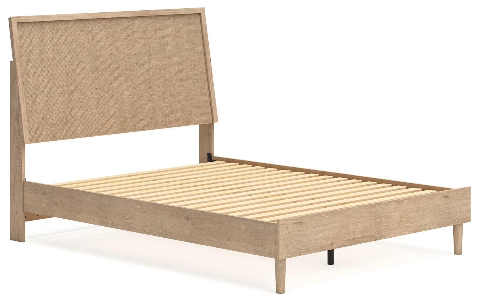 Modern panel bed with a light oak finish, cane-inspired headboard detail, and built-in roll slat support.