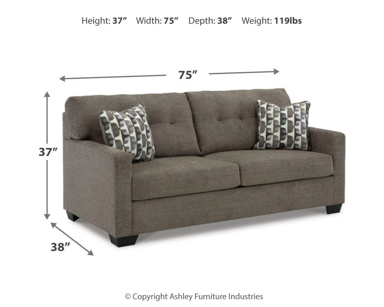 Monroe sofa dimensions showing overall width, depth, and height measurements.