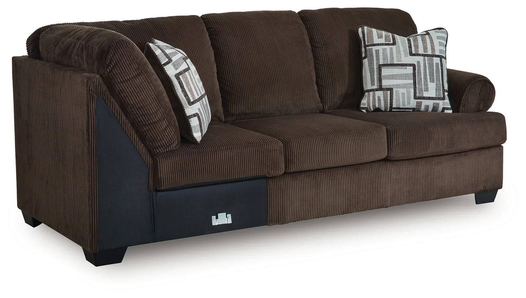 Close-up of the Kingston sectional showcasing the soft corded polyester upholstery, plush cushions, accent pillows, and quality craftsmanship.