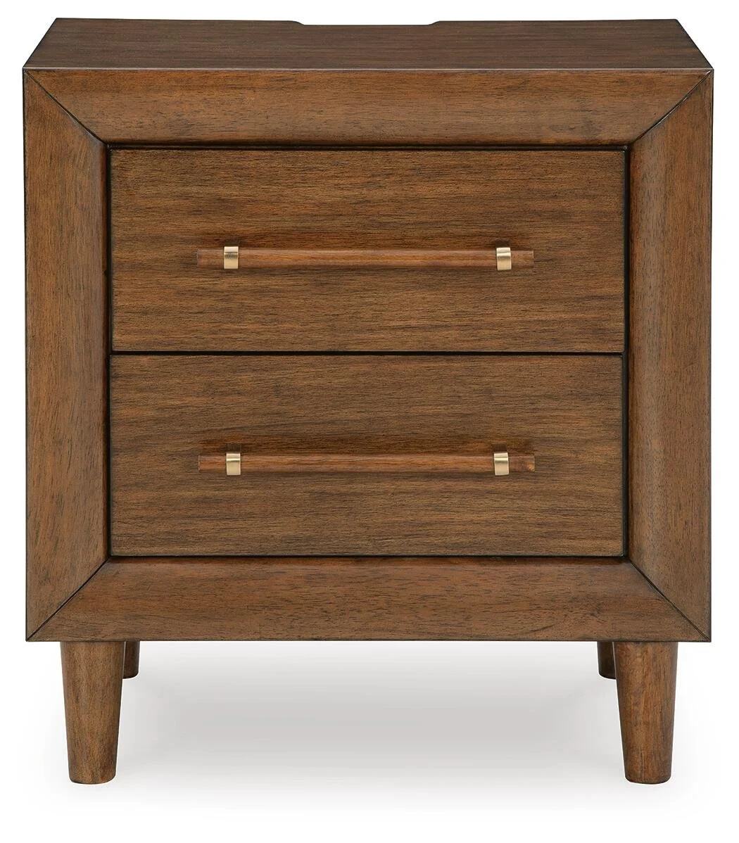 Two-drawer nightstand with a medium brown wood finish, built-in power outlet, USB-A and USB-C charging ports, and tapered legs.