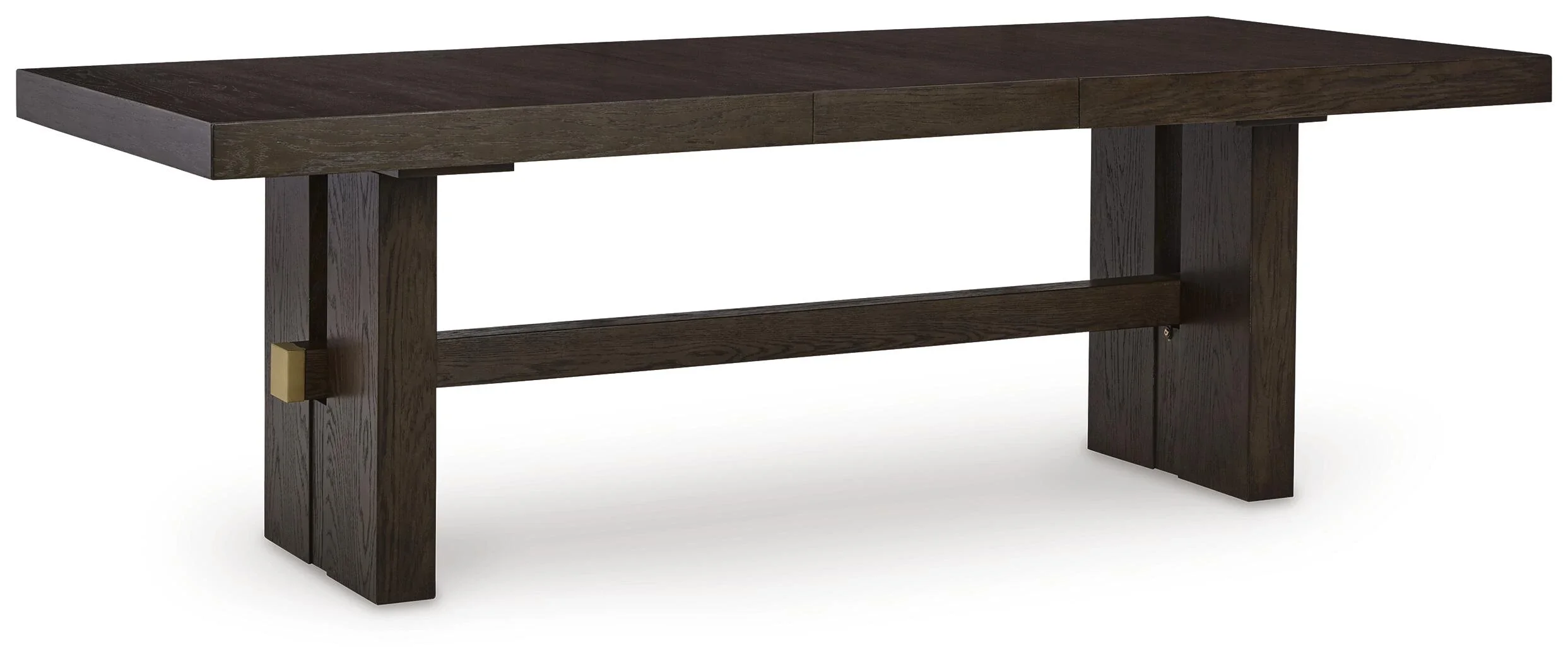 Contemporary extension dining table with a dark waxy brown oak finish, thick-edge tabletop, removable center leaf, and double-pedestal base.