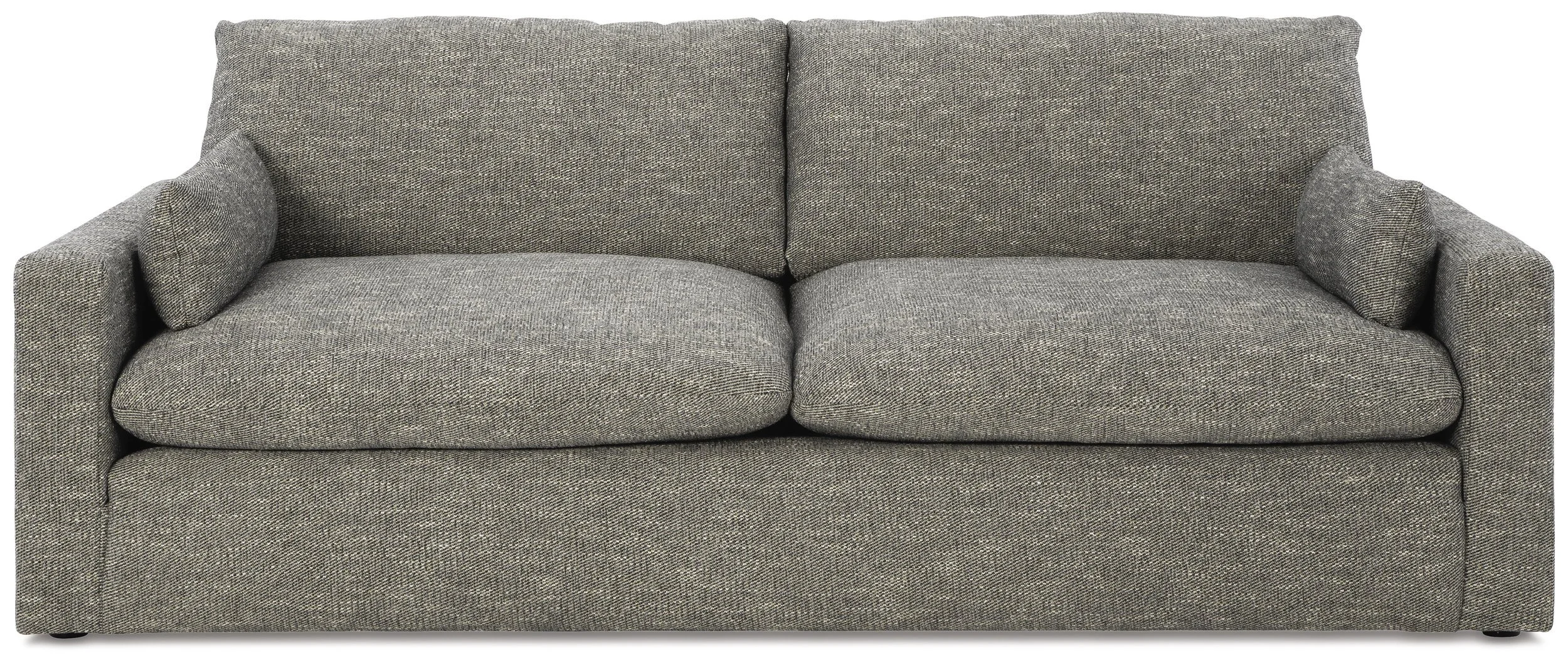 Contemporary sofa with deep feather-fiber blend cushions, granite-colored upholstery, reversible cushions, and bolster pillows.