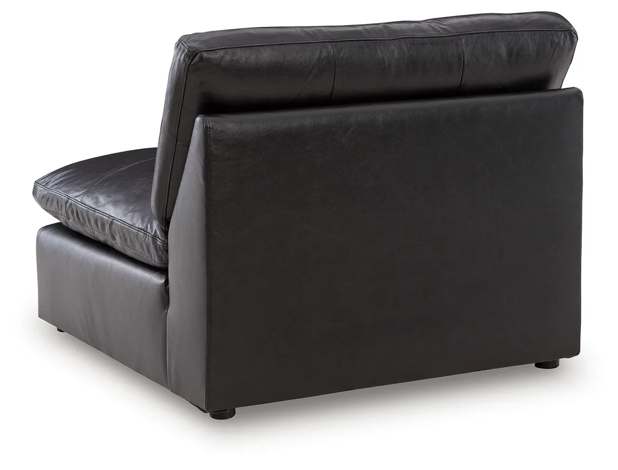 Contemporary modular loveseat with top-grain leather seating, feather-fiber cushions, bolster pillows, and two-piece modular design.