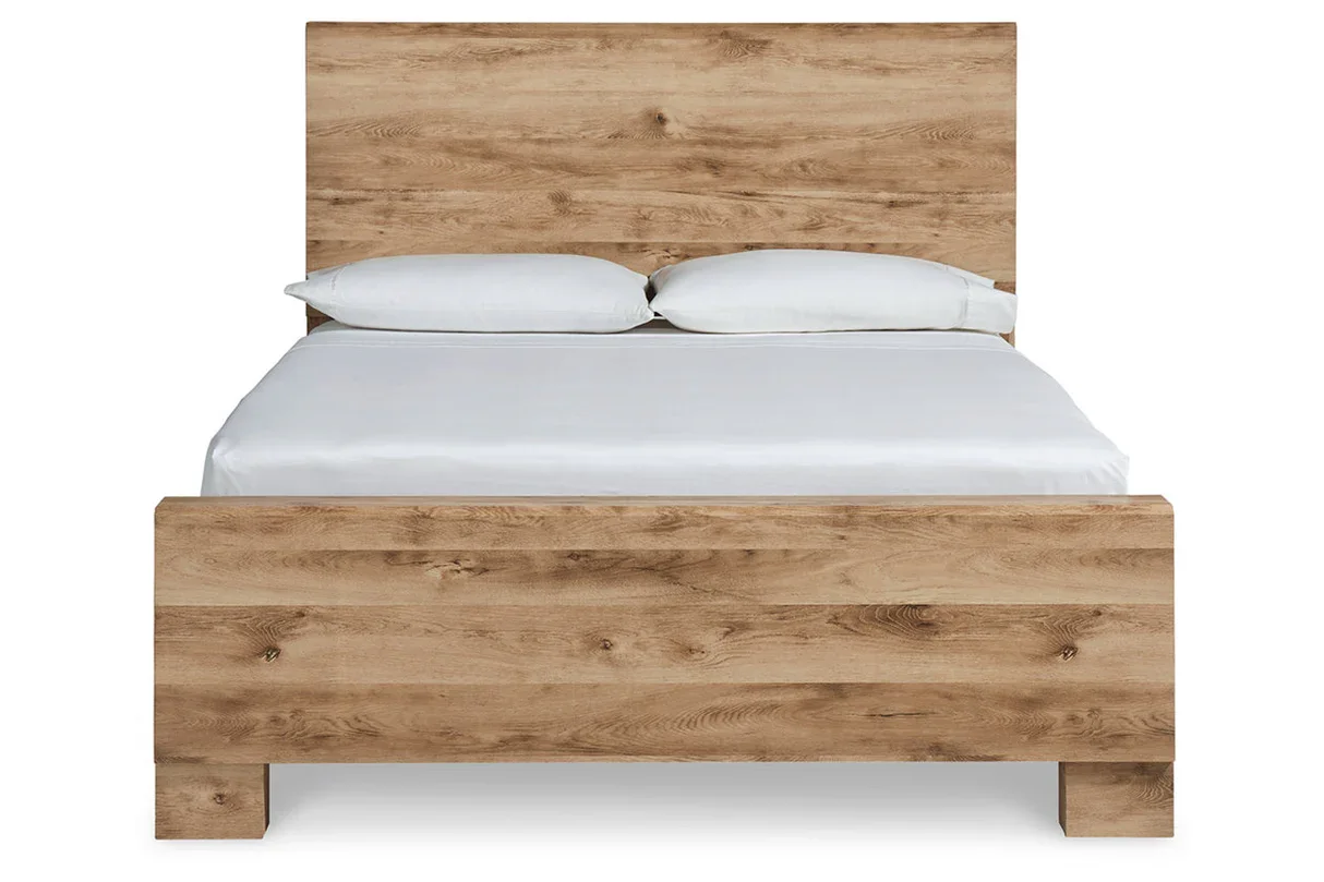 Rustic-inspired panel bed with a golden oak-look finish, clean lines, and warm contemporary styling.