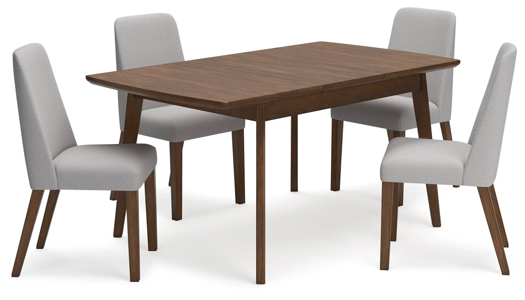 Langford 5-piece dining set with a rectangular butterfly leaf dining table and four upholstered dining chairs on a white background.