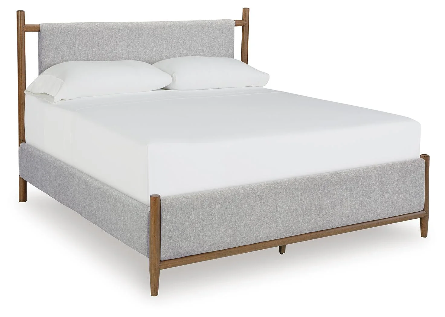 Mid-century upholstered panel bed with a warm medium brown wood finish, soft fabric upholstery, and tapered wood legs.