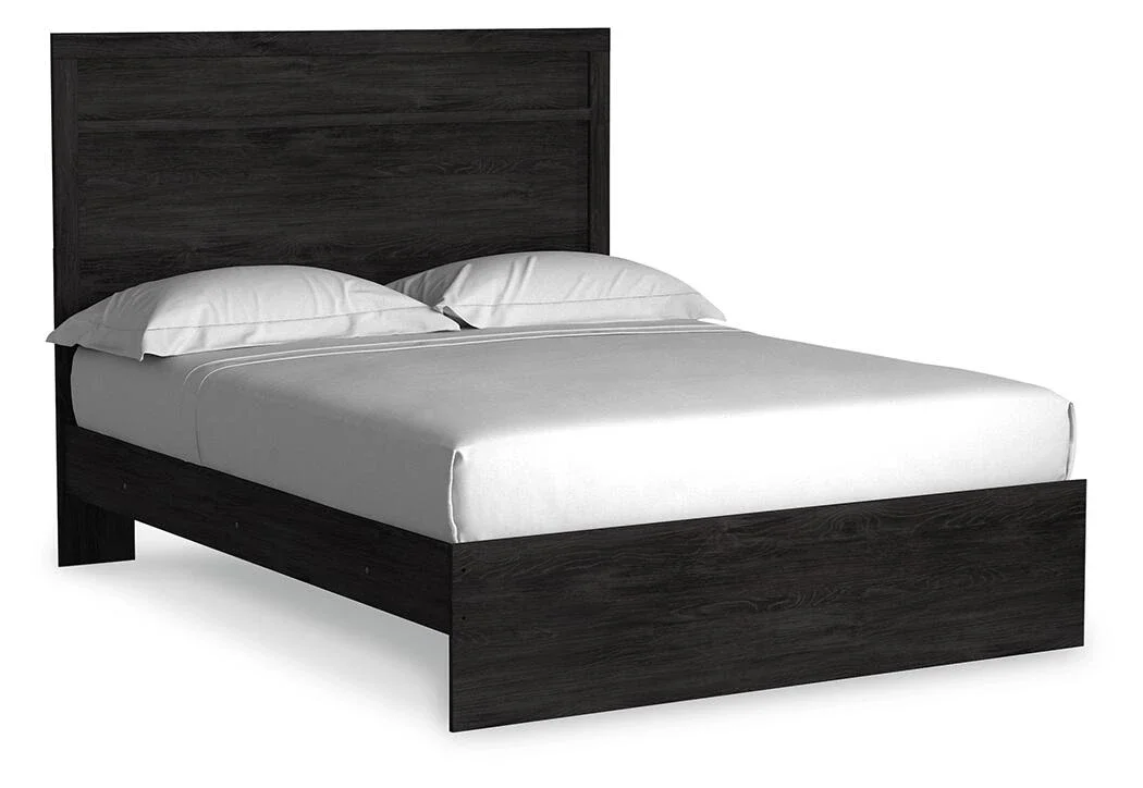 Modern charcoal panel bed with a replicated oak grain finish and clean contemporary styling.