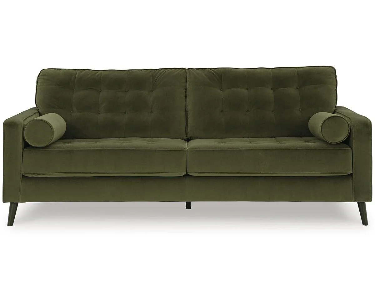Contemporary velvet sofa with button-tufted back cushions, tapered splay legs, plush seating, and coordinating bolster pillows.