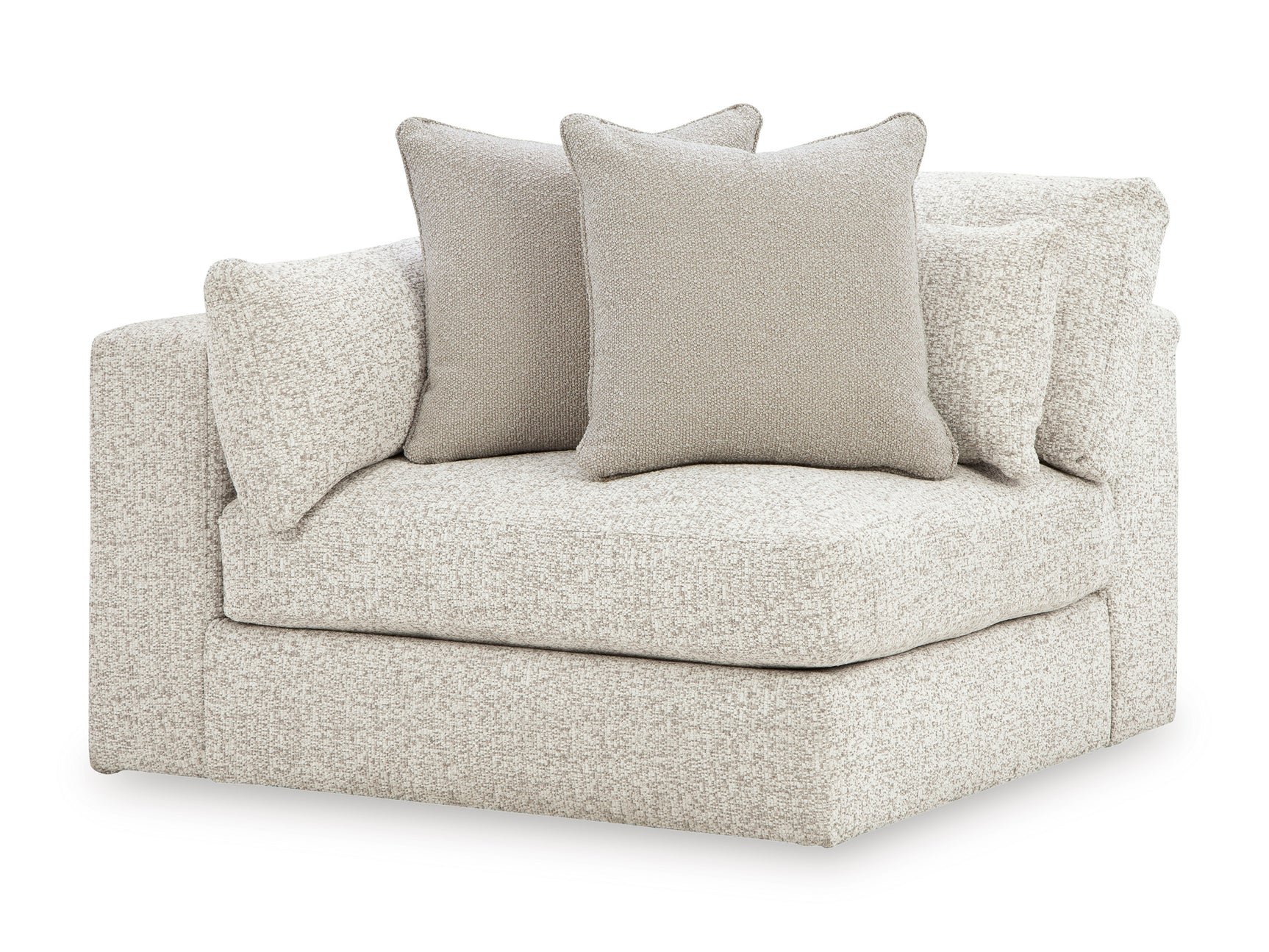 Contemporary modular sectional with plush boucle upholstery, reversible cushions, feather-fiber comfort, and flexible seating configuration.