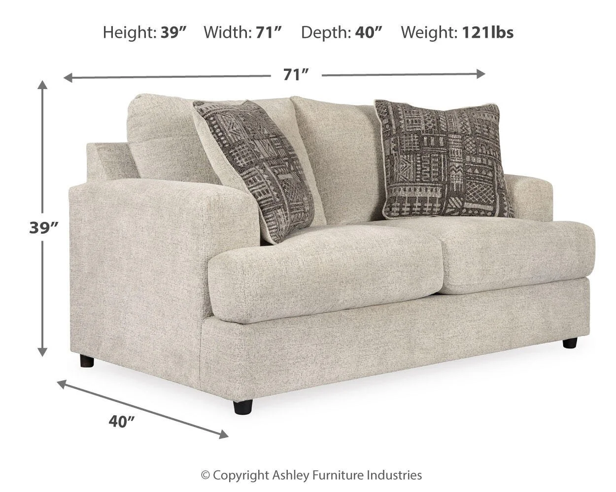 Sutton loveseat dimensions showing overall width, depth, and height measurements.