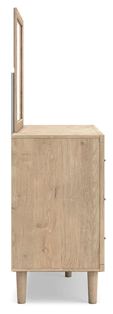 Six-drawer dresser with a matching mirror, light oak finish, cane-inspired drawer fronts, faux linen-lined drawers, and bronze-tone hardware.