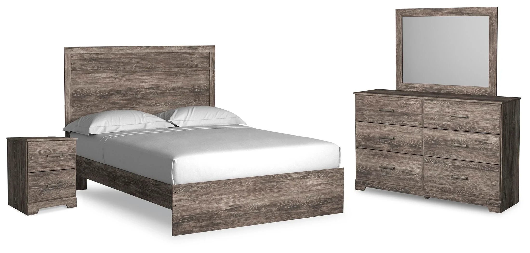 Ridgeview 4-piece bedroom set with a warm gray panel bed, dresser with mirror, and nightstand on a white background.