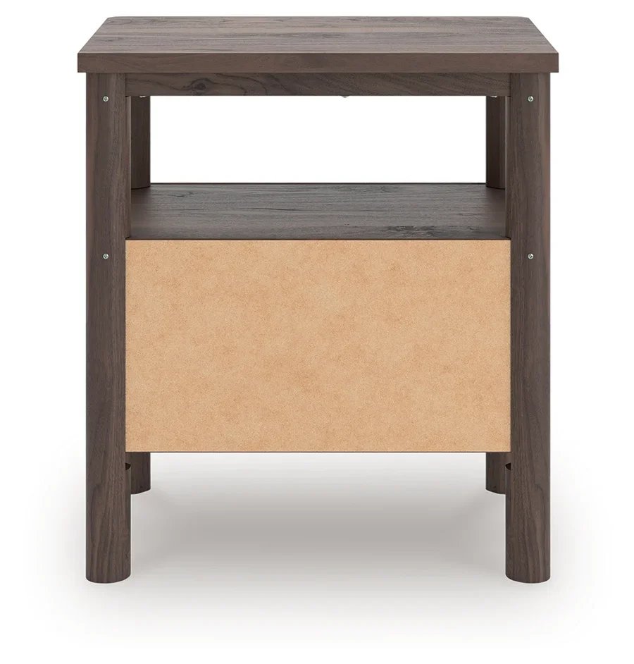 Modern one-drawer nightstand with a walnut-look finish, open shelf, ambient lighting, and built-in USB-A and USB-C charging ports.