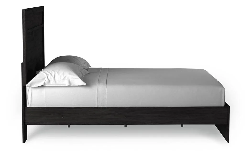 Modern charcoal panel bed with a replicated oak grain finish and clean contemporary styling.