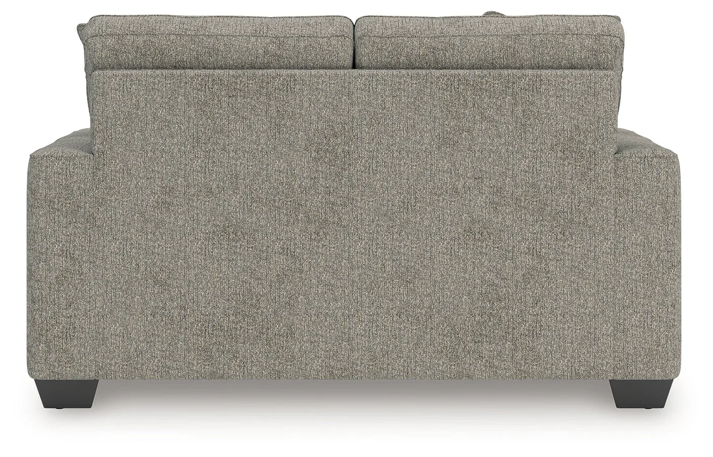Matching transitional loveseat with track arms, soft polyester upholstery, plush cushions, and coordinating accent pillows.