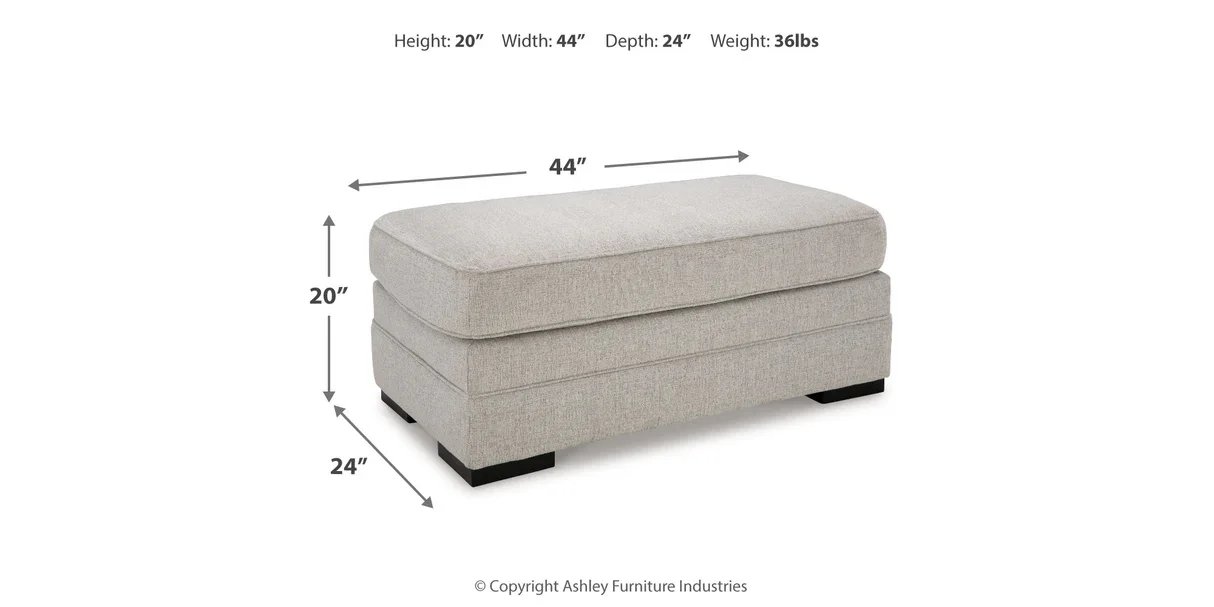 Edgewater ottoman dimensions showing overall width, depth, and height measurements.