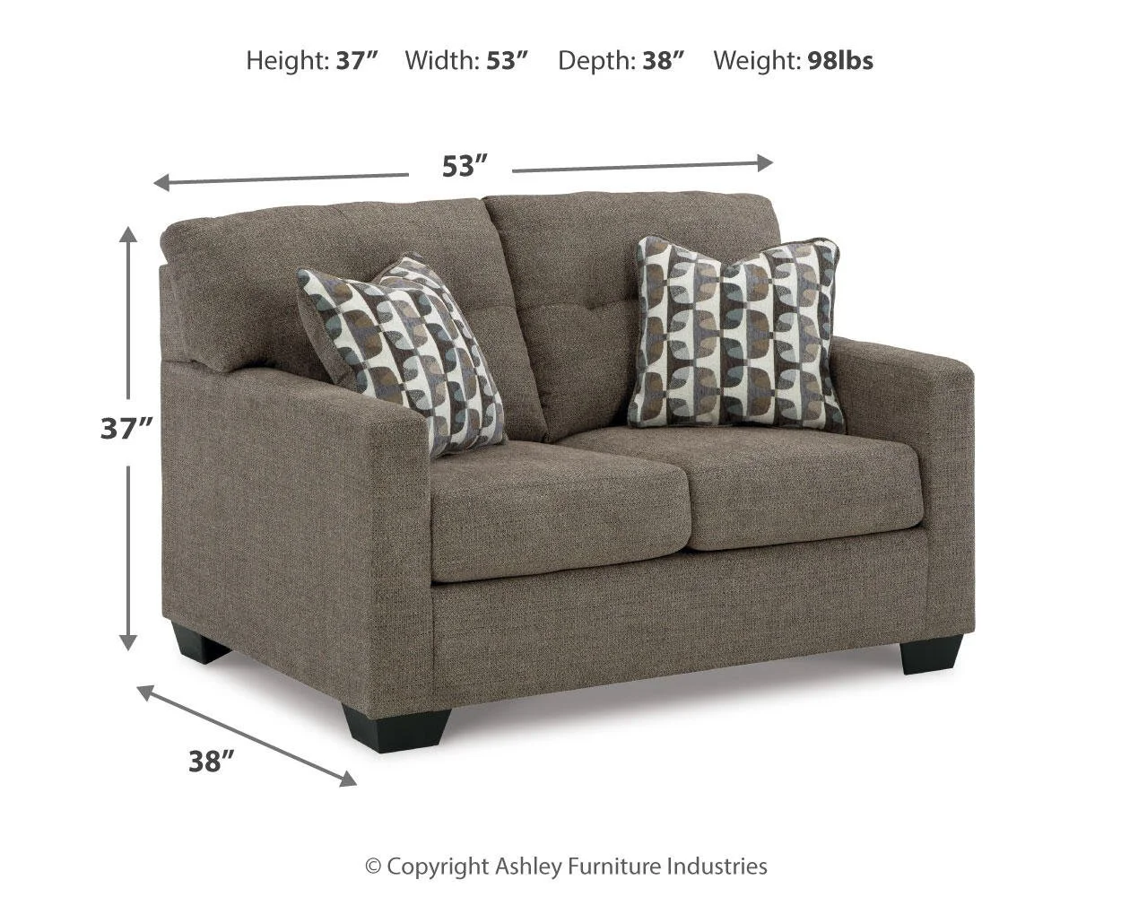 Monroe loveseat dimensions showing overall width, depth, and height measurements.