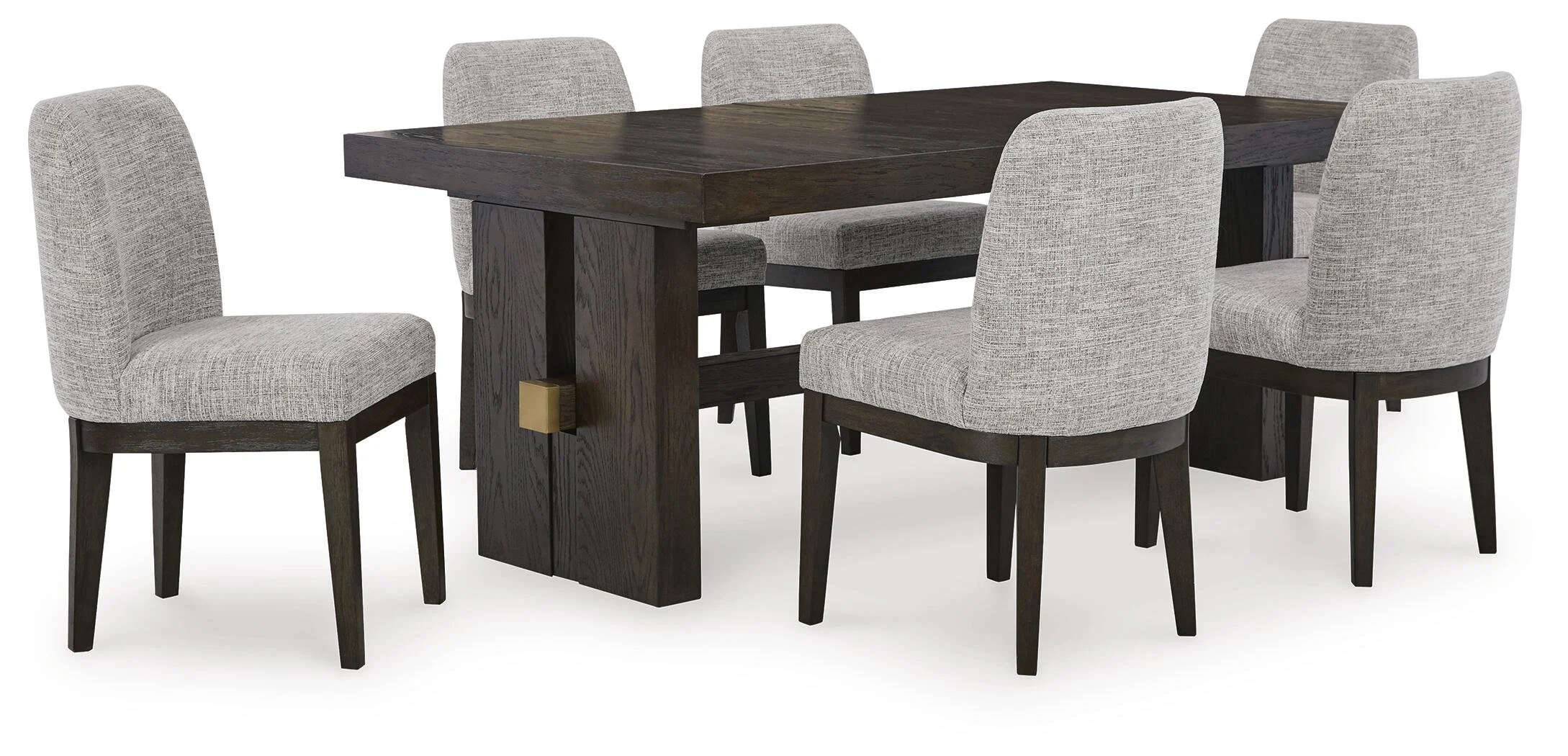Brookstone 7-piece dining set with a rectangular extension dining table and six upholstered dining chairs on a white background.