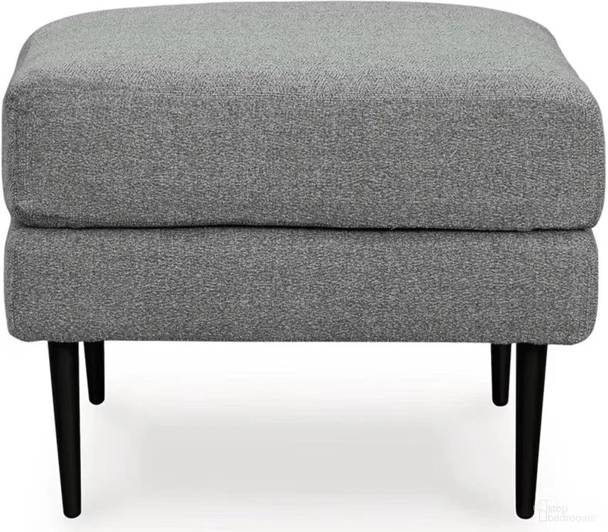 Matching upholstered ottoman with textured polyester fabric, firm foam cushioning, and black metal accent legs.