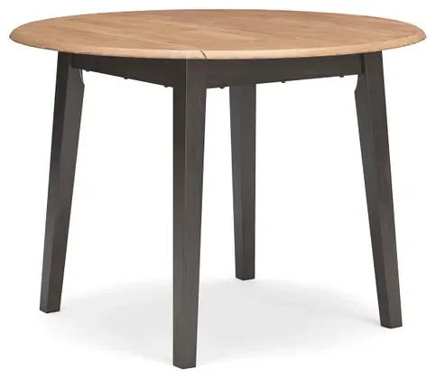 Close-up of the Gathering Drop Leaf Dining Set highlighting the butcher block veneer tabletop, two-tone wood finish, and chair craftsmanship.