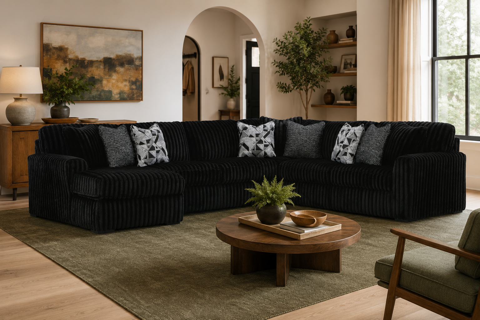 Monarch 4-piece sectional collection in a contemporary living room featuring jumbo corduroy upholstery and a matching oversized ottoman.