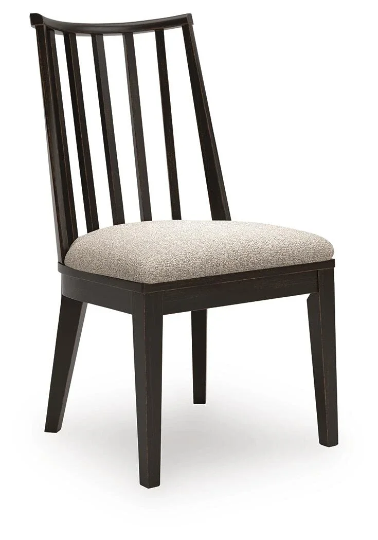 Upholstered dining chair with an aged black wood frame, woven polyester seat, and clean contemporary styling.
