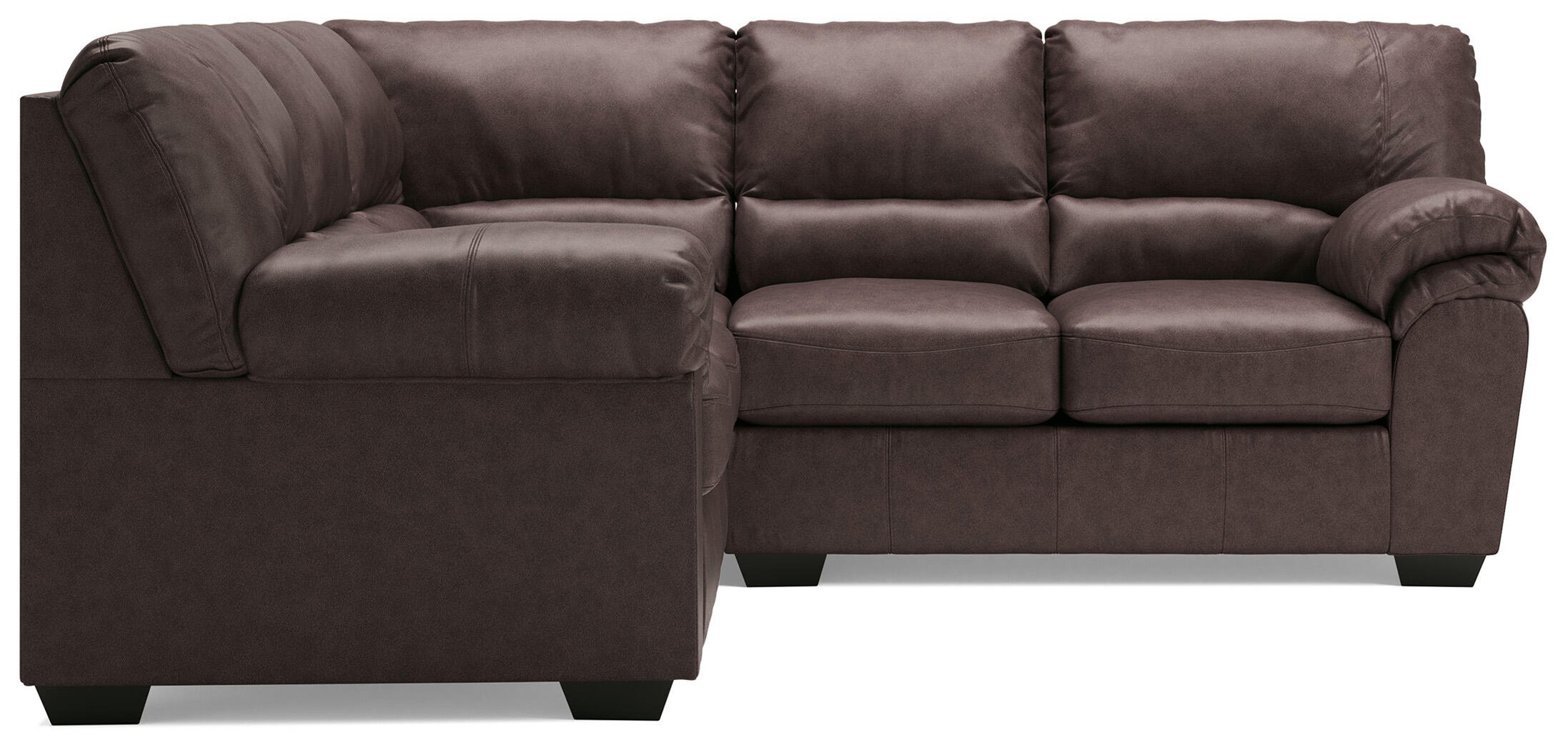 Contemporary faux leather sectional with corner wedge, jumbo stitching, plush seating, and rich umber upholstery.