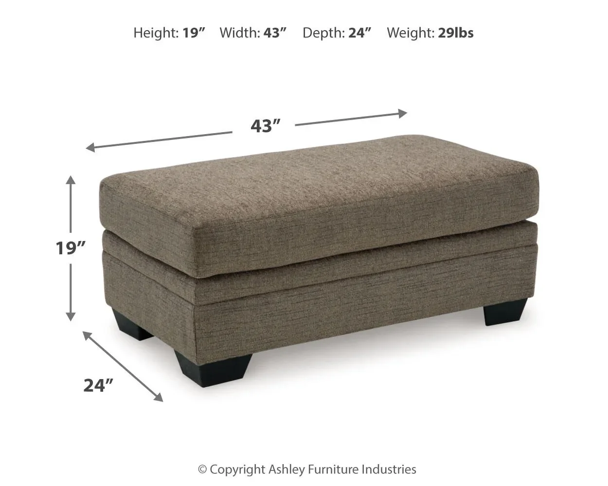 Sienna ottoman dimensions showing overall width, depth, and height measurements.