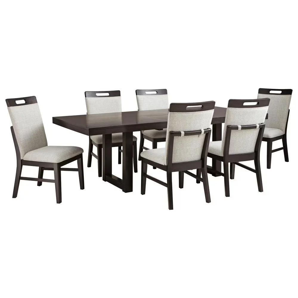 Neimen 7-piece dining set with a rectangular butterfly leaf dining table and six upholstered dining chairs on a white background.
