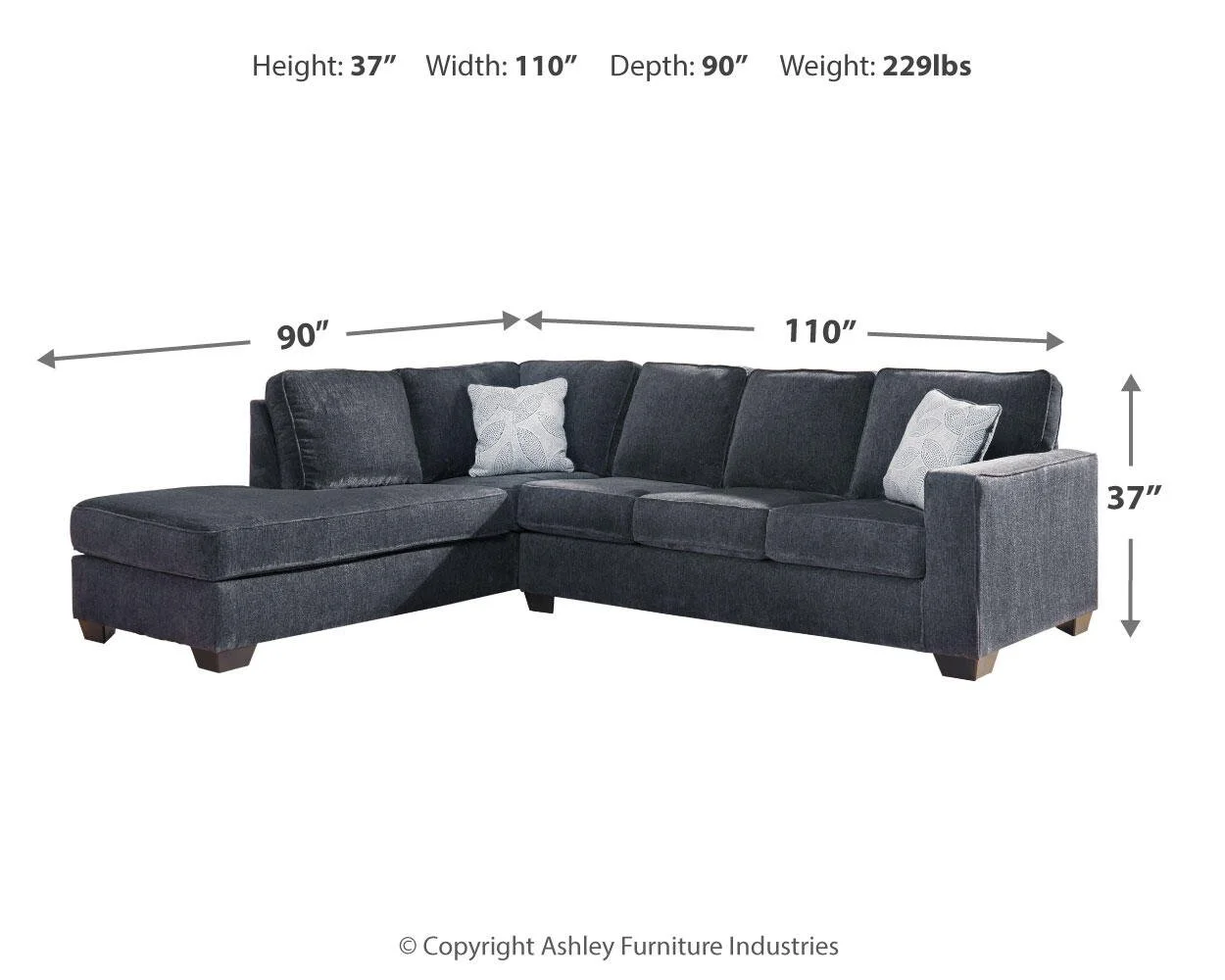 Avalon sectional dimensions showing overall width, depth, and height measurements.