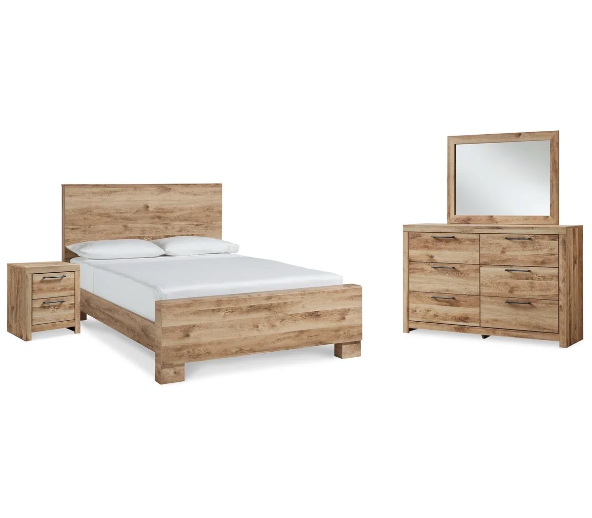Hawthorne 4-piece bedroom set with a golden rustic panel bed, dresser with mirror, and nightstand on a white background.