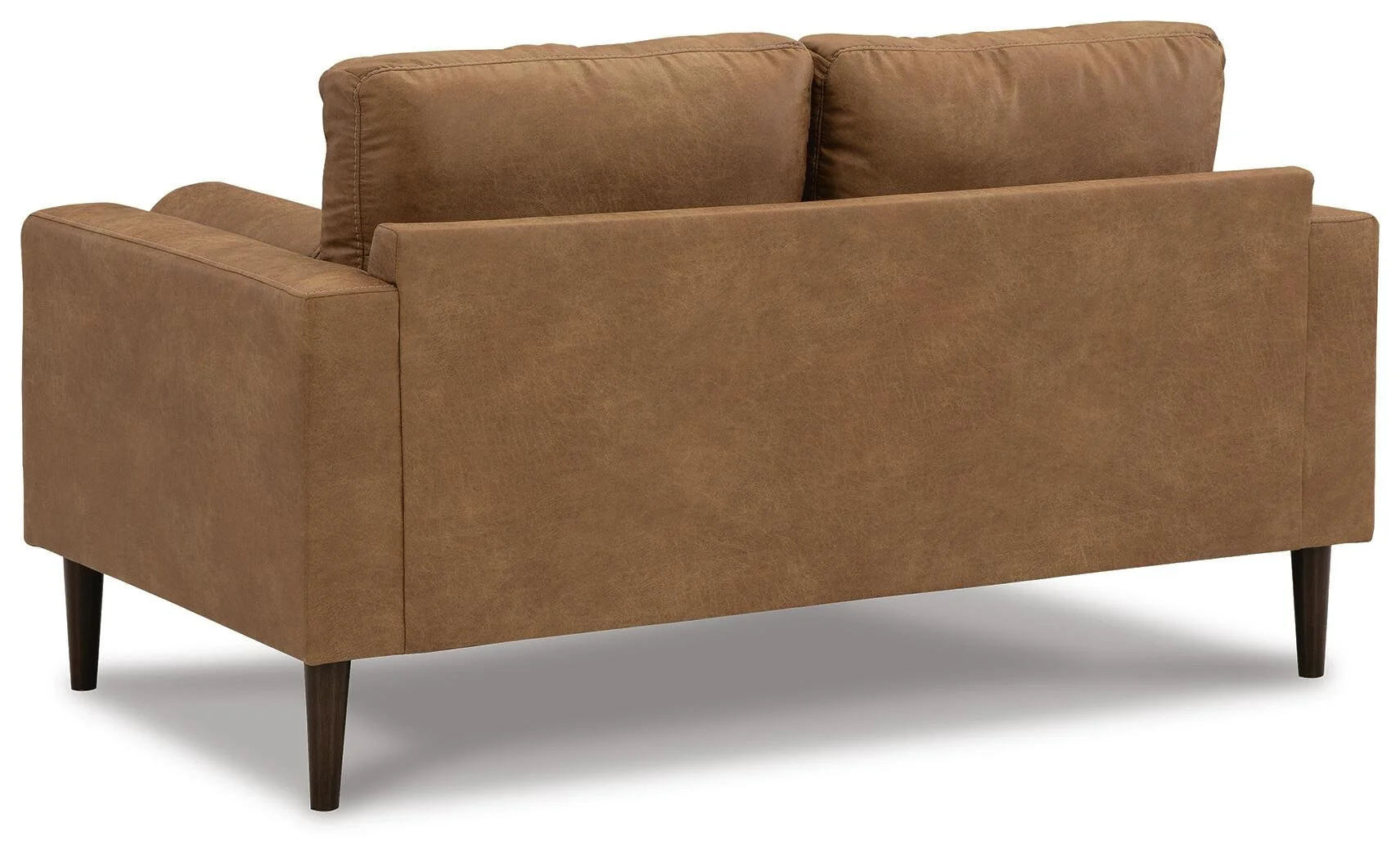 Matching loveseat with caramel faux leather upholstery, loose cushions, bolster pillows, and contemporary styling.