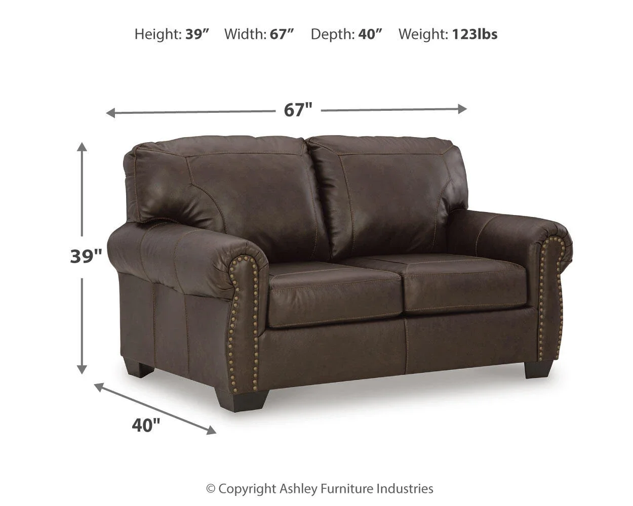 Charleston loveseat dimensions showing overall width, depth, and height measurements.