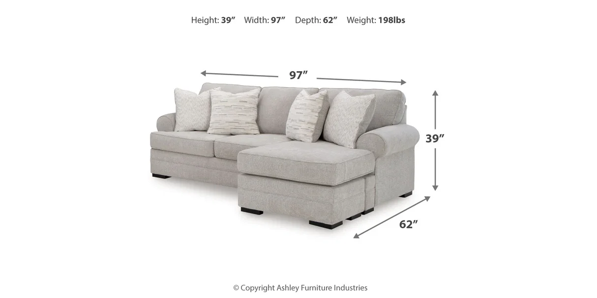 Edgewater sofa chaise dimensions showing overall width, depth, and height measurements.