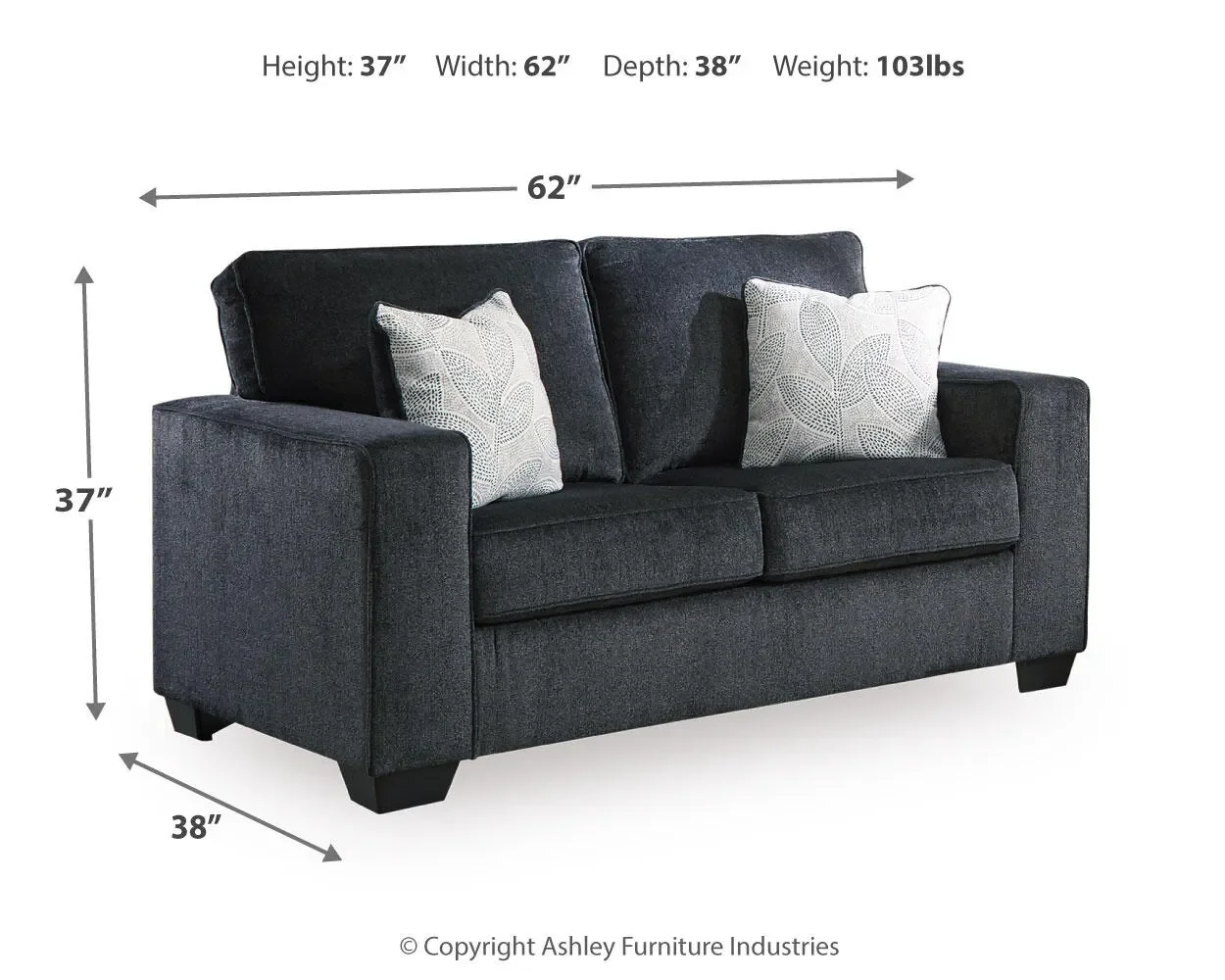 Avalon loveseat dimensions showing overall width, depth, and height measurements.