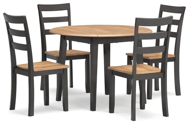 Gathering Drop Leaf Dining Set in a bright modern dining room with a round expandable table and four matching wood chairs and white background.