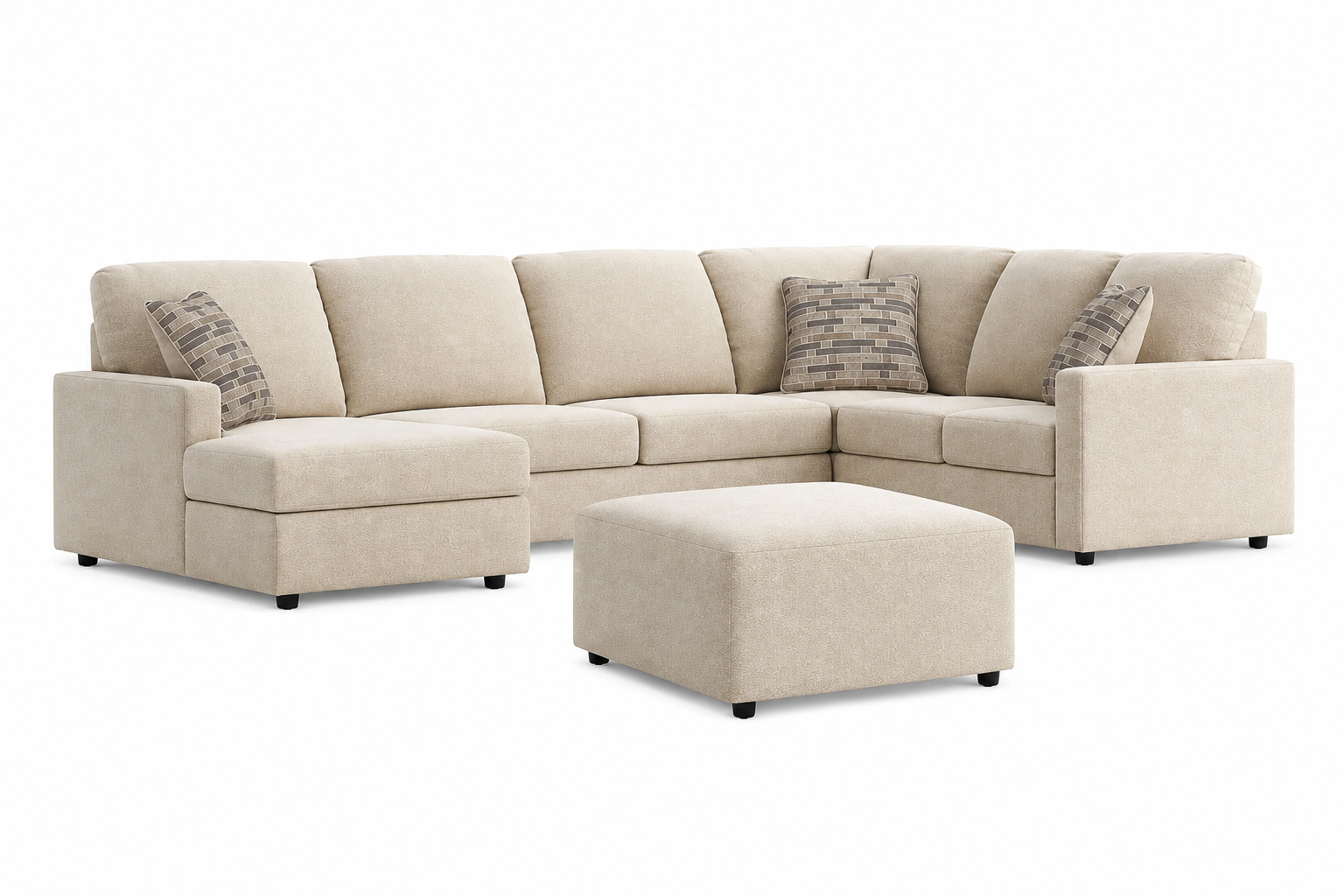 Evergreen sectional collection with a contemporary sectional and matching oversized ottoman on a white background.