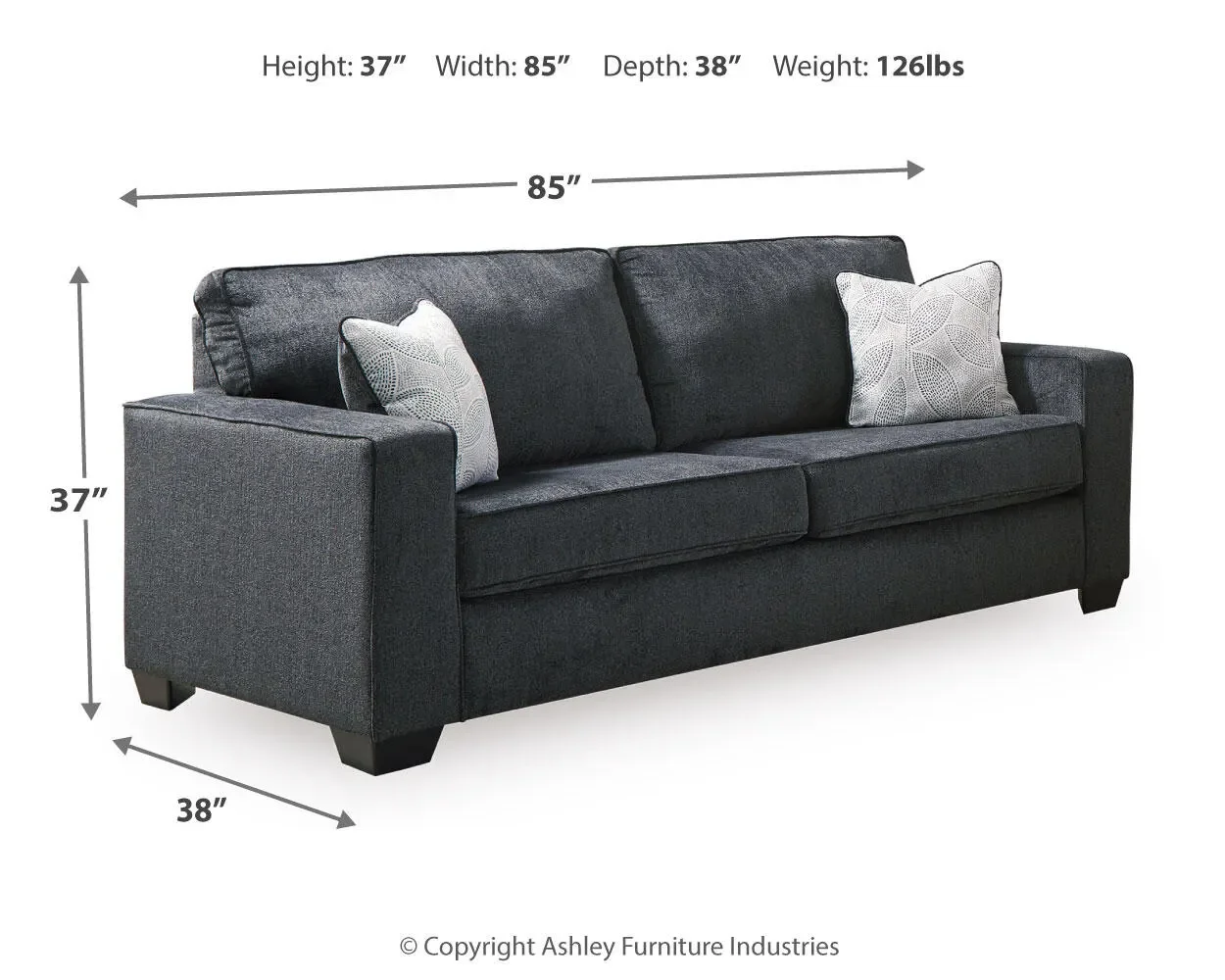 Avalon sofa dimensions showing overall width, depth, and height measurements.